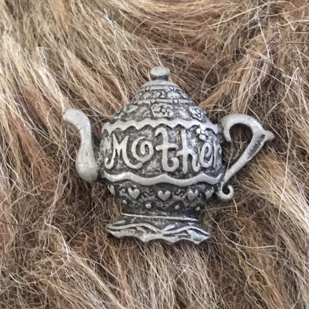 Vintage pewter tone “mother” tea kettle Tac pin